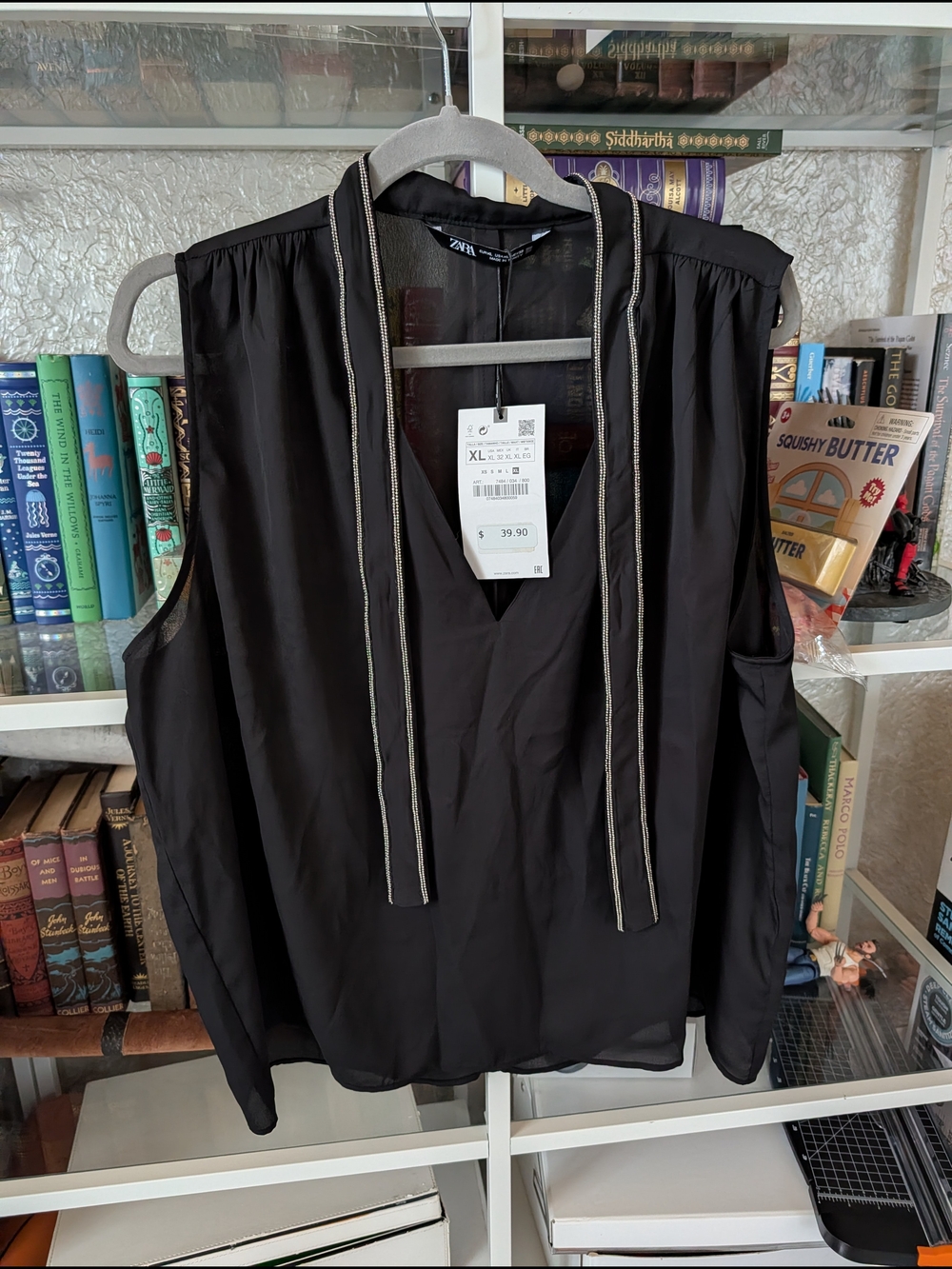 Zara Black Sleeveless Tie-Neck Blouse with Trim